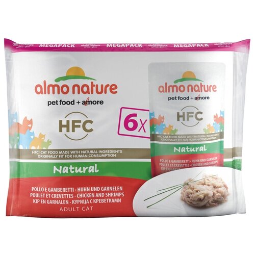 Влажный корм для кошек Almo Nature с курицей, с креветками 12 уп. х 6 шт. х 55 г (кусочки в бульоне) almo nature набор 6 шт по 55г паучи для кошек с ассорти курицей multipack classic chicken 0 33 кг х 6 шт