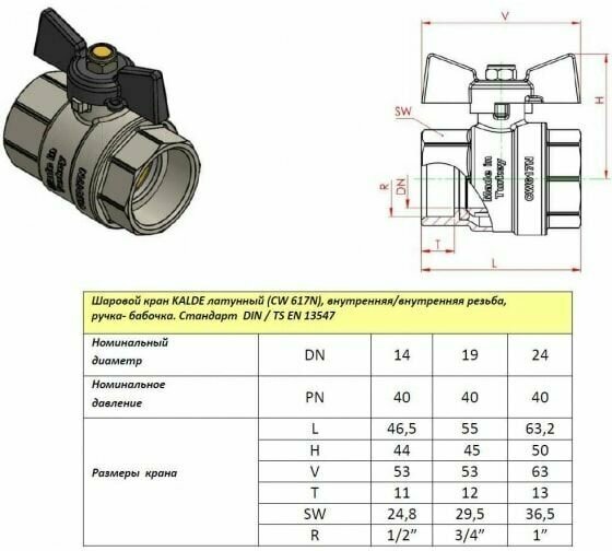 KALDE Шаровой кран полнопроходной 1/2 вн/вн ручка бабочка 0KV4816