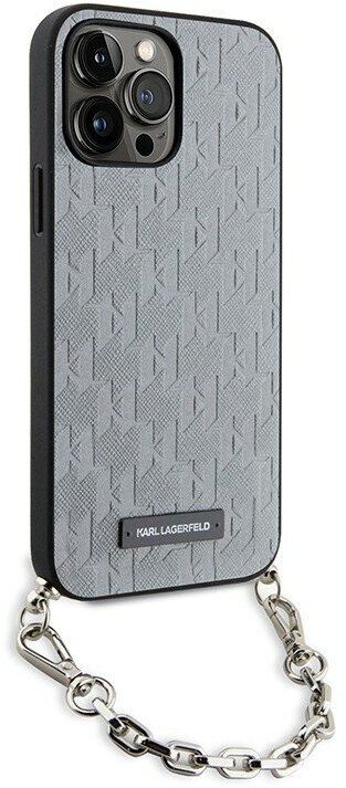 Lagerfeld для iPhone 14 Pro чехол PU Saffiano Monogram + Wrist chain Hard Silver