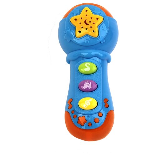 фото Разивающая игрушка для малышей, музыкальная микрофон "потеша" на батарейках, проектор, мелодии, свет, звук, цвет синий. zhorya