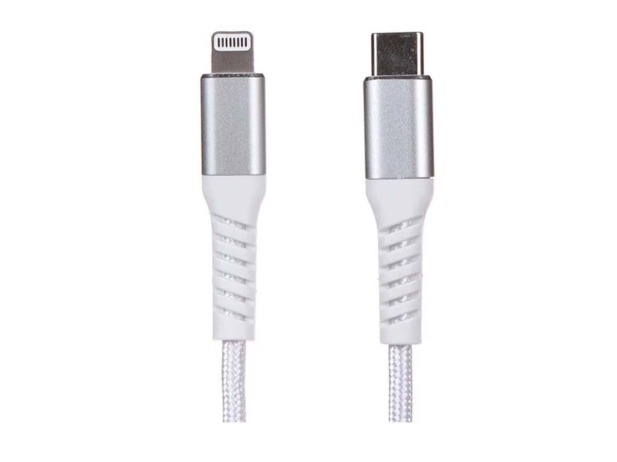 Кабель QUMO, MFI С91, USB Type-C - Lightning, 2A, 18 Вт, 1м, Нейлон, Белый/Серебристый 24508