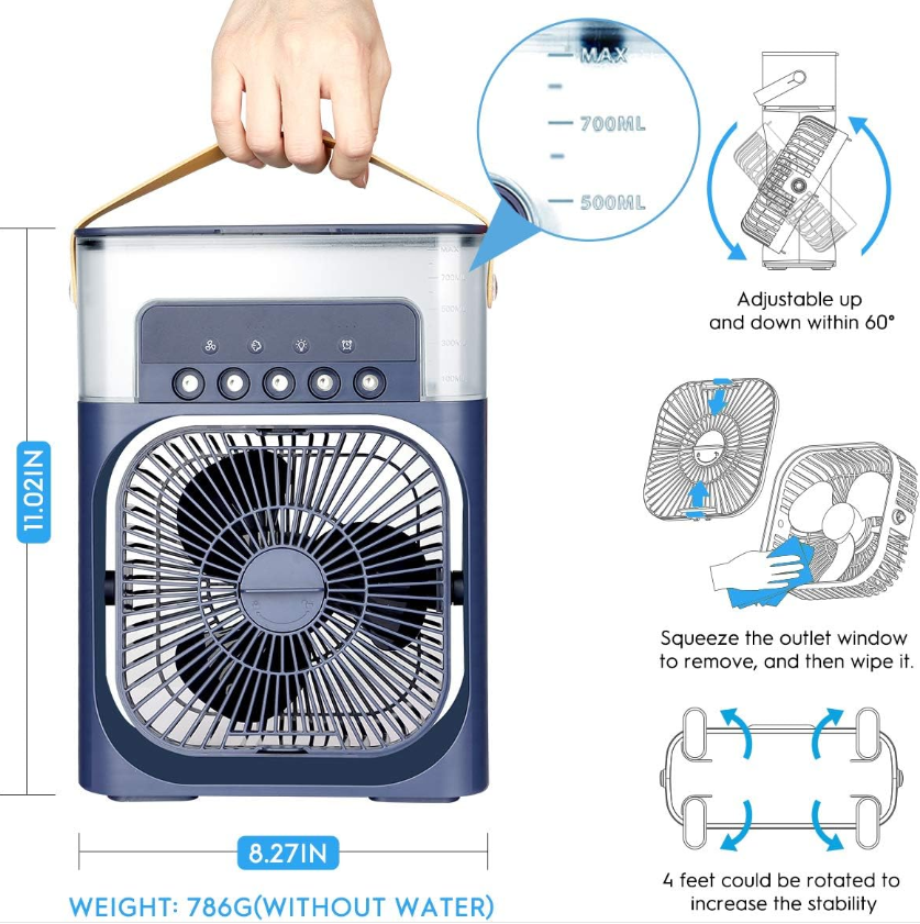 Портативный настольный вентилятор с увлажнителем воздуха, синий - фотография № 3