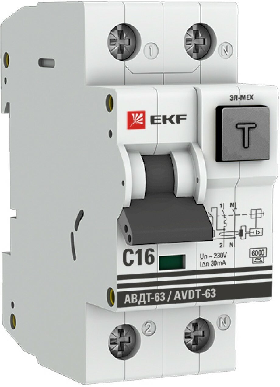 Дифференциальный автомат АВДТ-63 16А-30мА (характеристика C, эл-мех, тип А) 6кА EKF PROxima