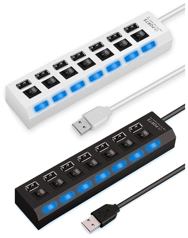 USB-концентратор GSMIN A78 (разветвитель HUB) на 7 портов с выключателем (43 см) (1А, 5V, USB 2.0) (Черный)