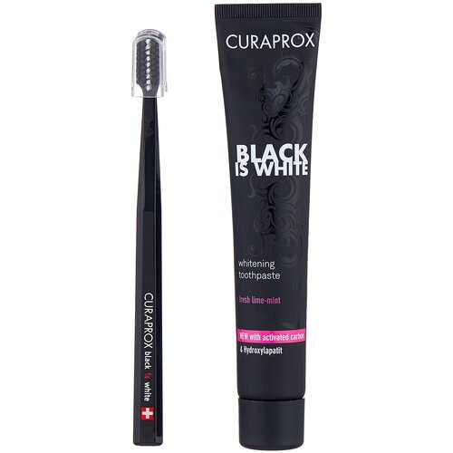 Curaprox Набор зубная паста отбеливающая Black Is White вкус лайма 90мл + зубная щетка CS5460 BIW