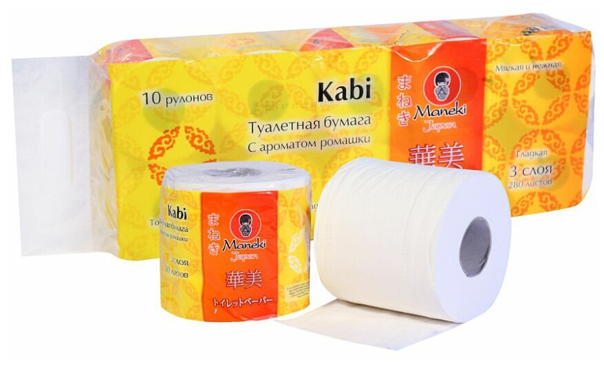 Туалетная бумага Maneki Kabi с ароматом ромашки 3 слоя 10 рулонов - фото №3