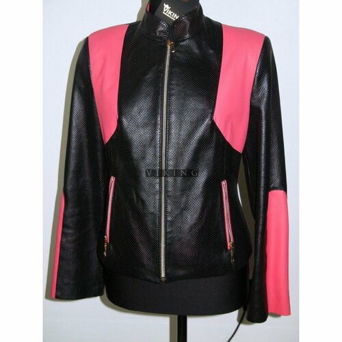 Кожаная куртка , демисезон/лето, силуэт прилегающий, однобортная, карманы, размер 44, розовый, черный
