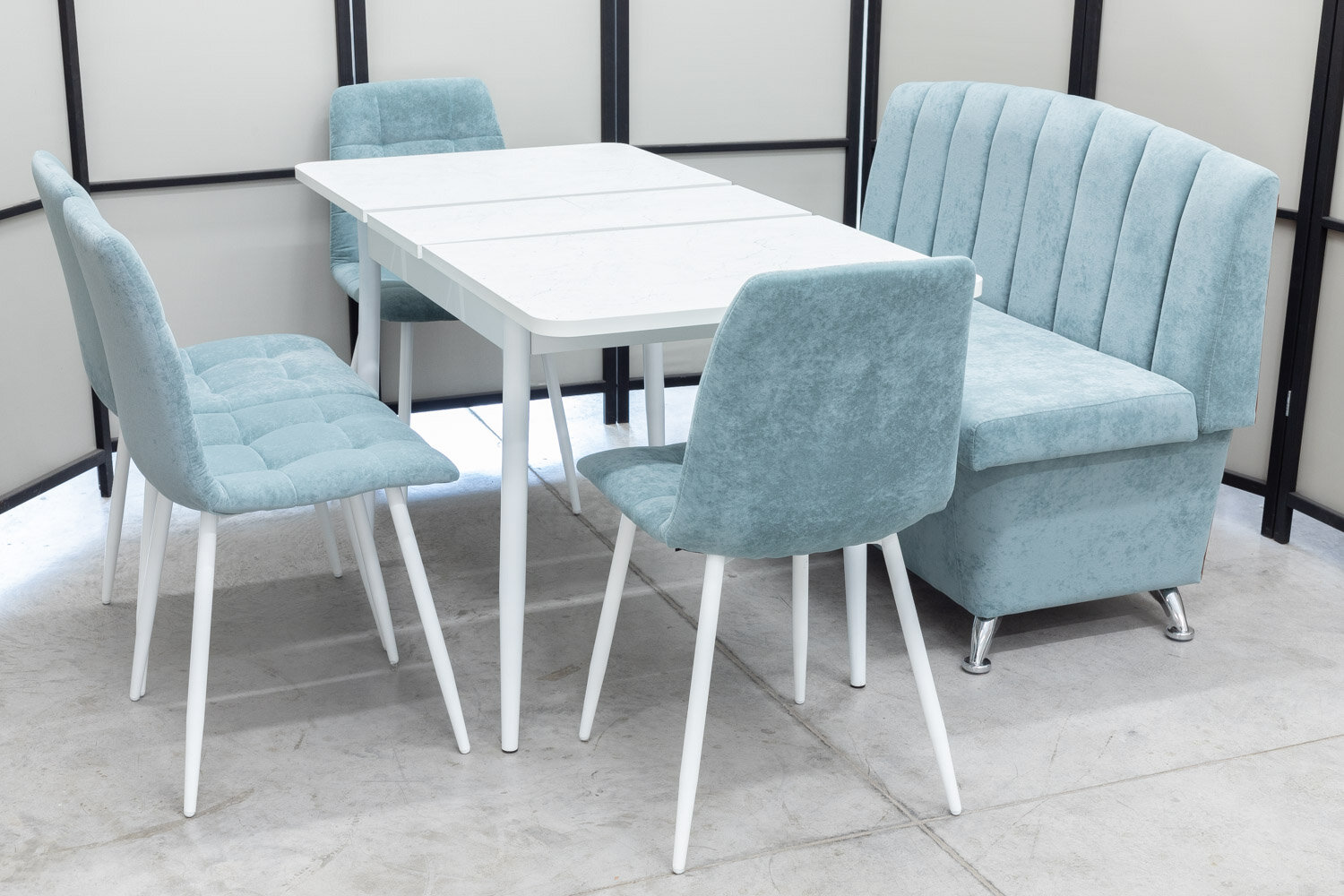 Обеденная группа Альт-3 Кватро, стол белый Ост термопластик, 110(140)х70 см, обивка дивана антивандальная, моющаяся, антикоготь, цвет ментол - фотография № 5