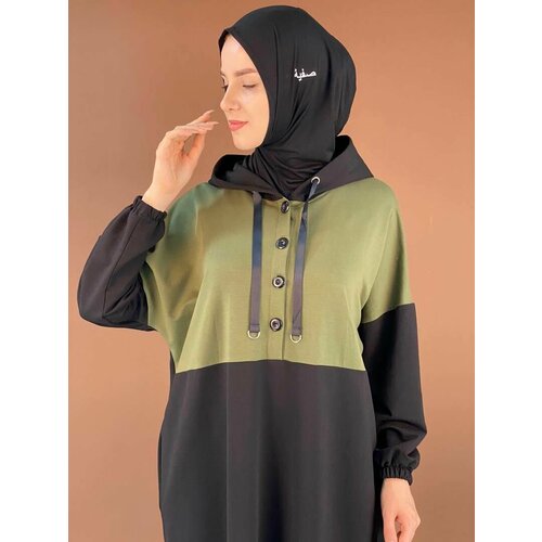 Платье-толстовка оверсайз, макси, капюшон, карманы, размер xl, хаки, черный