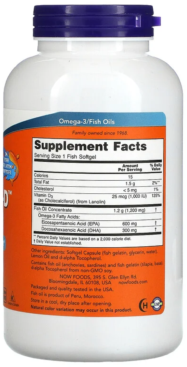 Now Foods, Ultra Omega 3-D, Ультраомега-3 с витамином D, 600 ЭПК / 300 ДГК, 180 капсул — фото 1