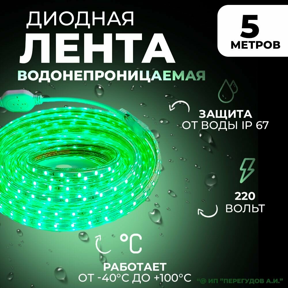 Светодиодная лента водонепроницаемая 5 метров 220в зеленый свет