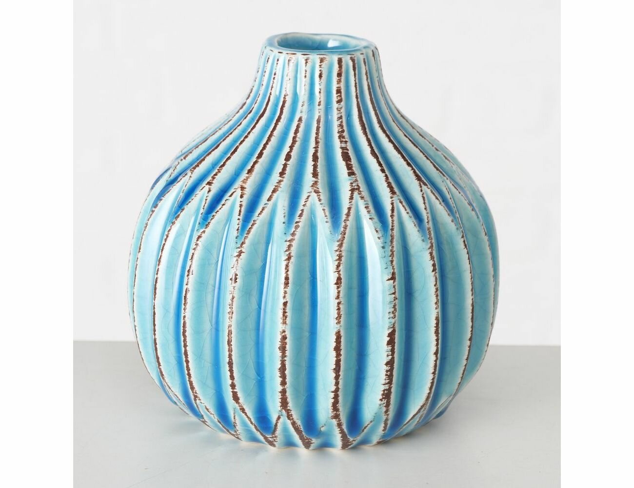 Керамическая ваза округлая с рифлением, голубая, 11 см, Boltze