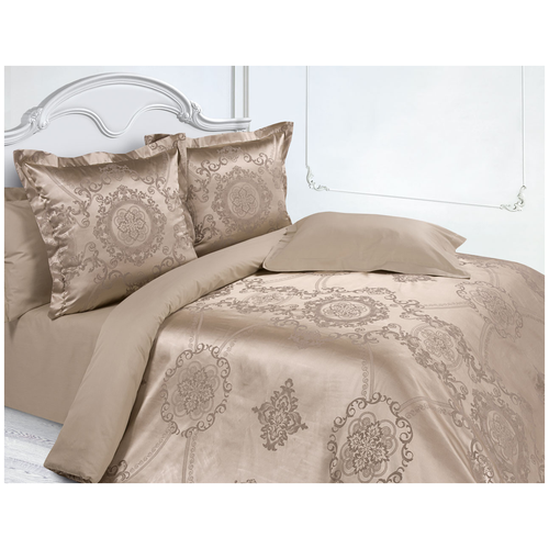 Комплект постельного белья ECOTEX Эстетика Флоранс, 2-спальное с европростыней, сатин-жаккард, коричневый