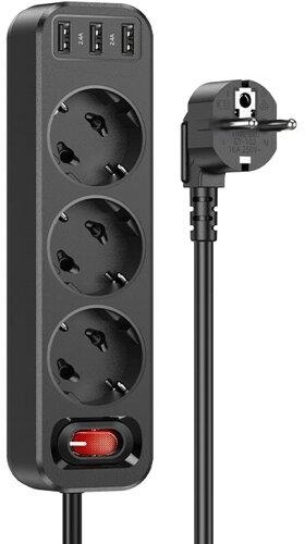 Сетевой фильтр Hoco NS2 Black 3 евро розетки 3.6кВт зарядка 3 порта USB-A 2.4А - 1.8м черный