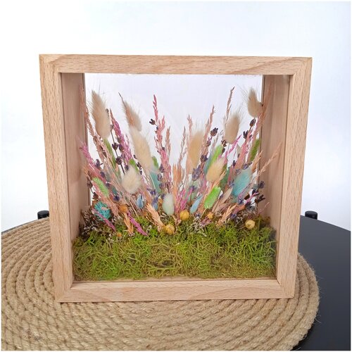 Интерьерная композиция из сухоцветов в деревянном флорариуме, Сухоцветы под стеклом, 15 см, Мох, Лагурус, Разнотравие