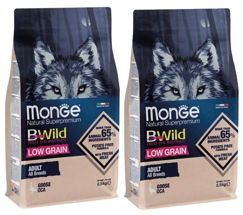 Сухой корм для собак Monge BWILD Feed the Instinct Low Grain, гусь 2 шт. х 2.5 кг