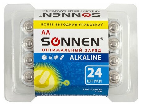 Батарейка Sonnen AA/LR06 (1.5 В) алкалиновая (пластик. короб, 24шт.) 2 уп. (455095)