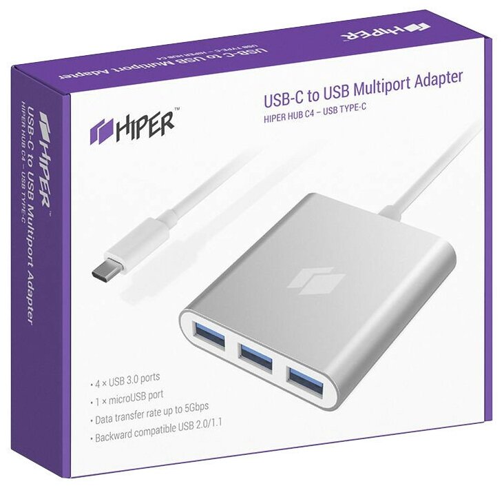 USB-концентратор  HIPER HIPER HUB C4 - USB Type-C (C4), разъемов: 5, серебристый