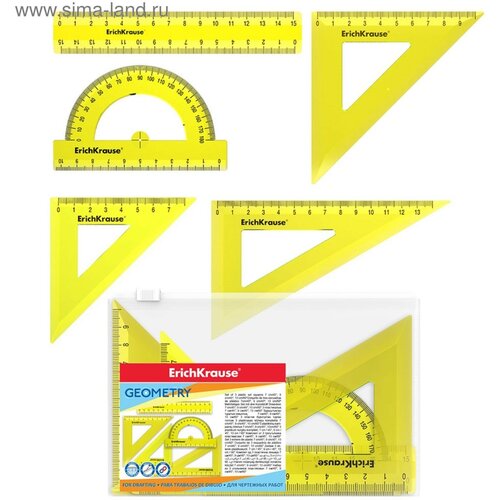 Набор геометрический малый ErichKrause Neon (угольник- 3 штуки, линейка - 15 см, транспортир), жёлтый