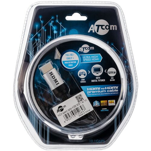 Кабель HDMI 1 m ATCOM (HIGH speed, Metal gold, ver2.0 , в чулке, блистер)