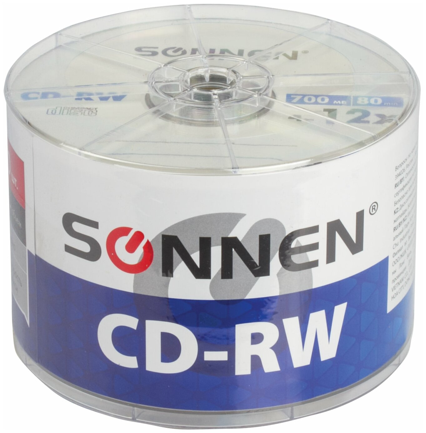 Диски Sonnen Cd-rw 700 Mb 4-12x Bulk, Комплект 50 шт, 512578 512578