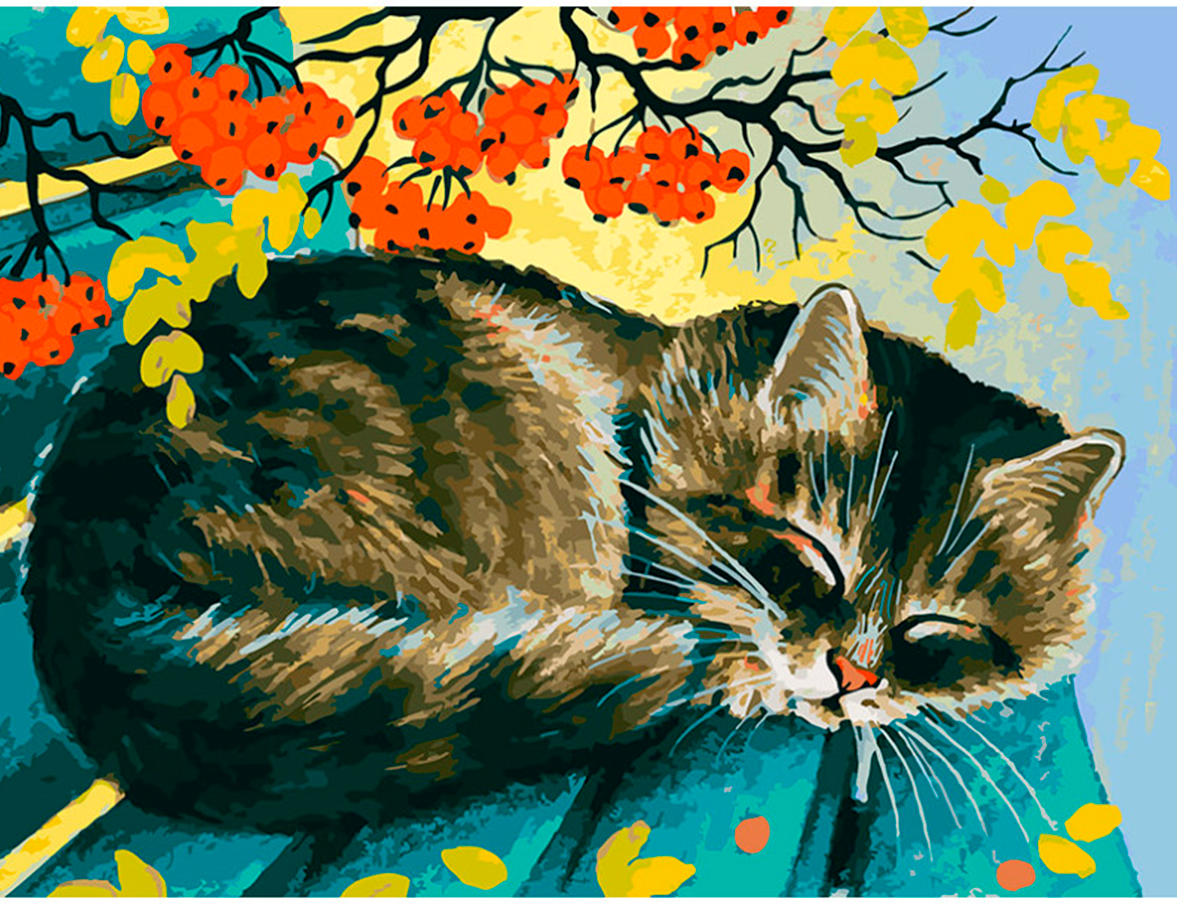 Картина по номерам Белоснежка "Осенний сон" / Раскраска / Холст на подрамнике 30х40 см. / Домашние животные / Кот