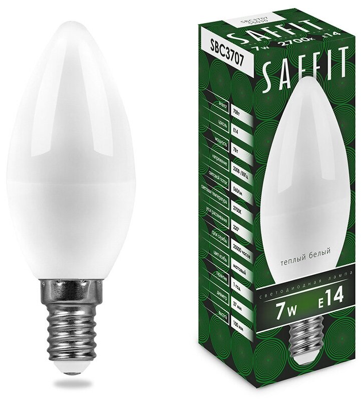 Лампочка светодиодная Saffit 7Вт 230V E14 2700K C37, SBC3707, 55030