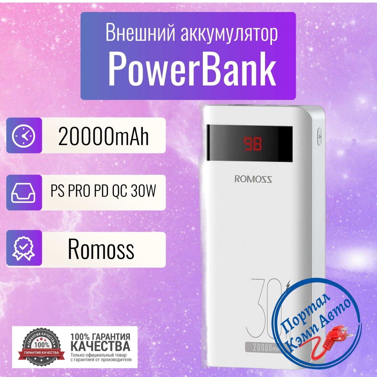 Power Bank внешний аккумулятор повербанк 20000 мАч 22,5W PD 30W ROMOSS