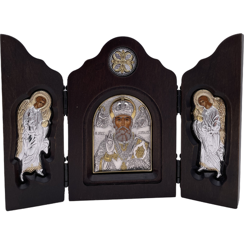 Икона Николай Чудотворец, триптих, шелкография, «золотой» декор, «серебро», 10*18 см