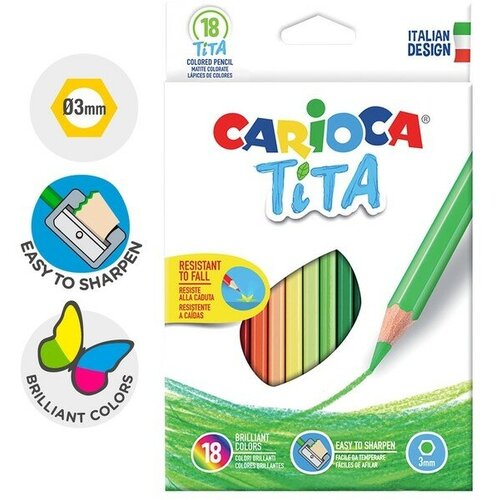 Карандаши 18 цветов Carioca Tita, яркий ударопрочный грифель 3.0 мм, шестигранные, пластиковые, картон, европодвес