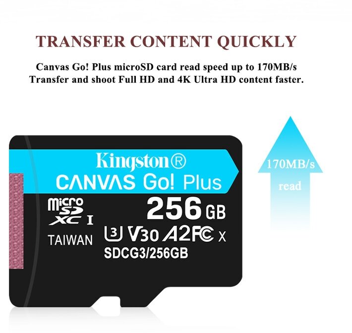 Карта памяти microSDXC 256GB KINGSTON Canvas Go Plus UHS-I U3 170 Мб/с (class 10) SDCG3/256GB