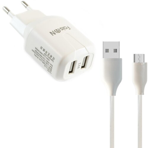 Сетевая зарядка FaisON 2xUSB C-19, Grade, 2.4A, кабель микро USB 1.0м, белый