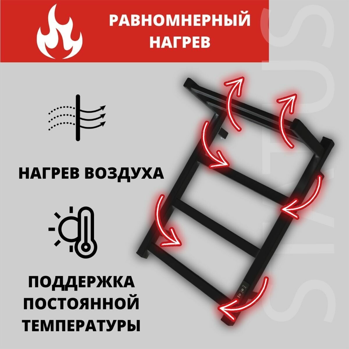 Полотенцесушитель электрический Status ПЭК сп 20 ВГП 60 на 40 с полкой, черный, универсальное подключение, таймер - фотография № 4