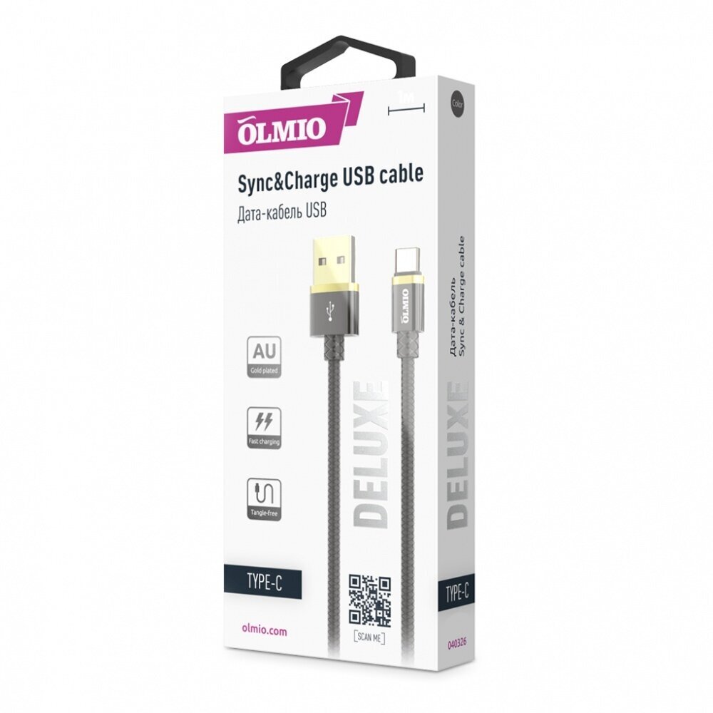 Кабель OLMIO DELUXE, USB 2.0 - Type-C, 1м, 2.1A, черный - фото №3