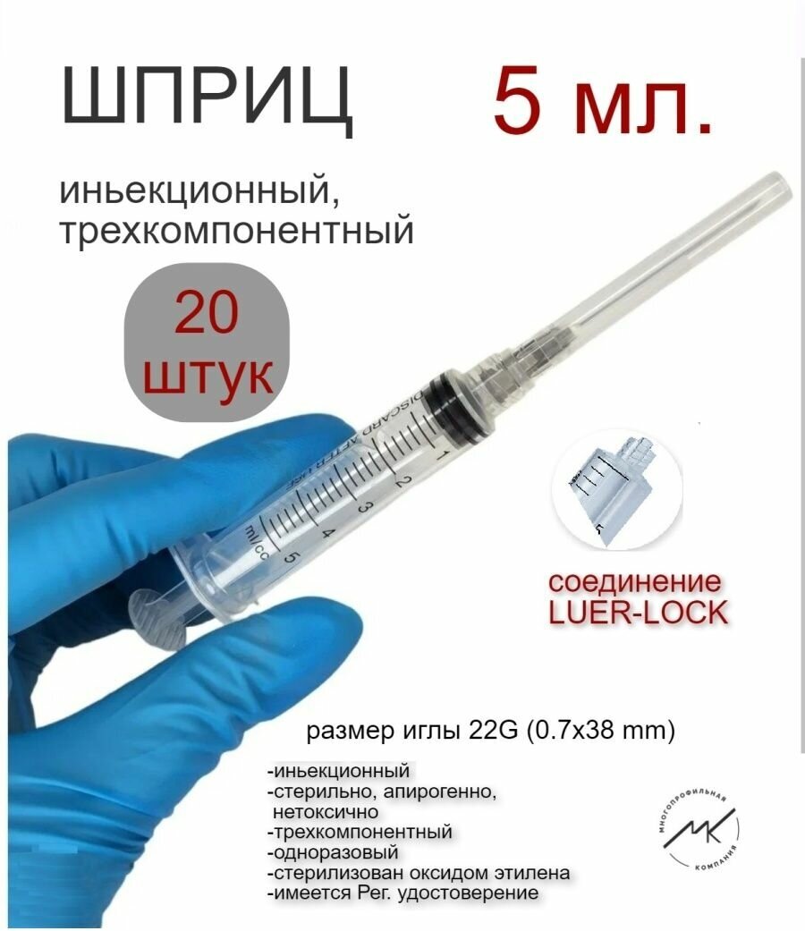 Шприц 3-х компонентный 5 мл. LUER-LOCK/луер ЛОК — купить в