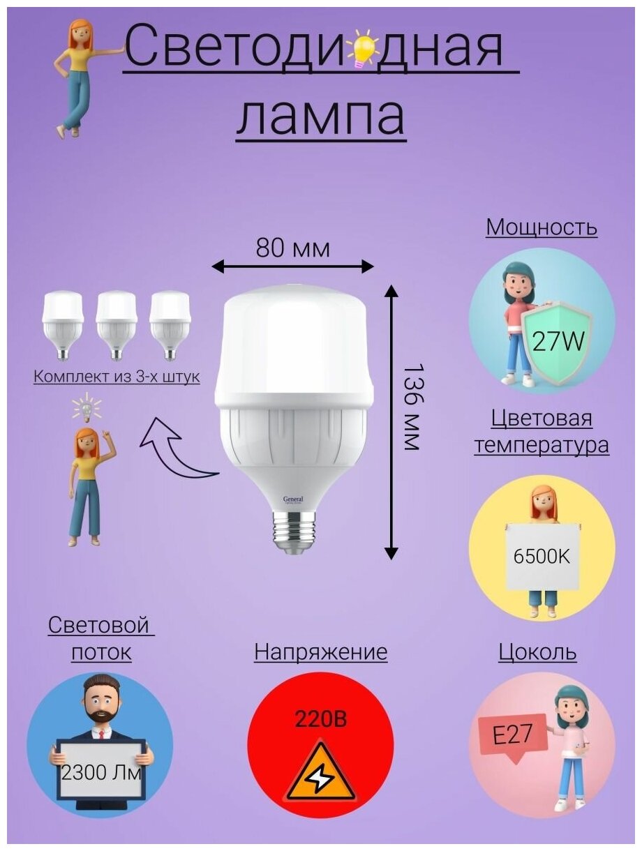 General, Лампа светодиодная, Комплект из 3 шт., 27 Вт, Цоколь E27, 6500К, Форма лампы Бочонок