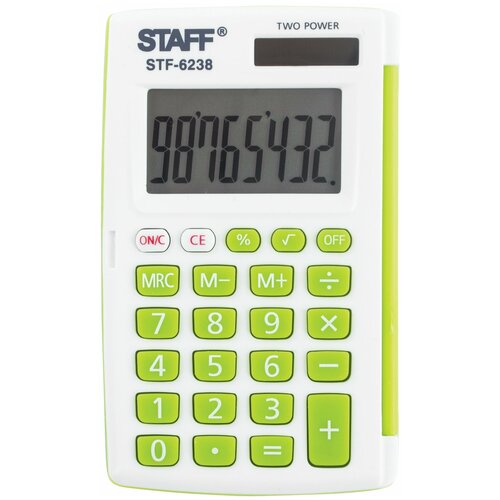 Калькулятор карманный STAFF STF-6238 (104х63 мм), 8 разядов, двойное питание, белый С зелёными кнопками, блистер, 250283