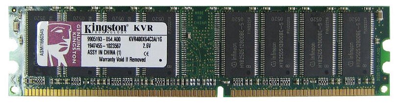 Оперативная память для компьютера DIMM DDR 1Gb Kingston KVR400X64C3A/1G 400МГц (PC-3200), 2.6V, 184-pin, CL3, Retail