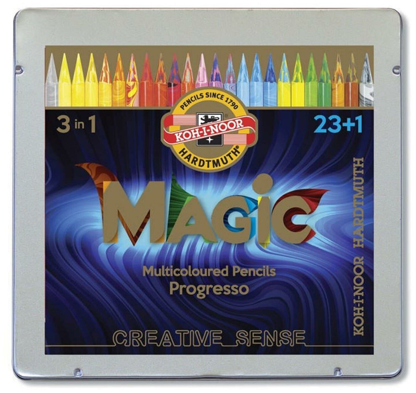 Карандаши с многоцветным грифелем цельнографитные Koh-I-Noor "Progresso Magic 8774", 23шт.+ карандаш-блендер., заточен., в лаке, металл. коробка