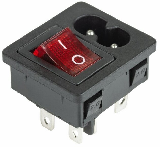 Выключатель клавишный Rexant ON-OFF красный с подсветкой и штекером C8 2PIN (250 V 6 А (4с)) {36-2285}
