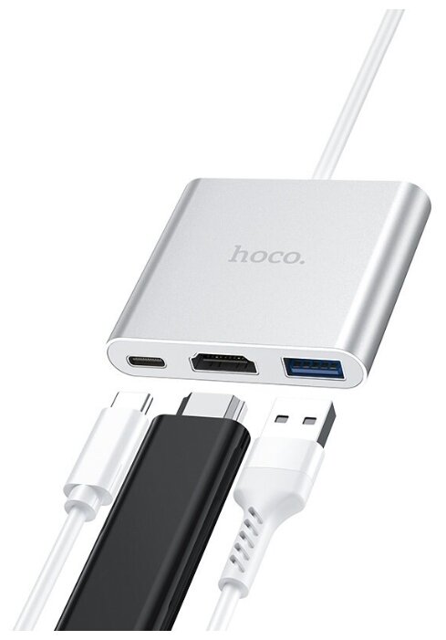 USB-концентратор HOCO HB14, Easy, USB 3.0, HDMI, Type-C+PD, алюминий, кабель Type-C, серый