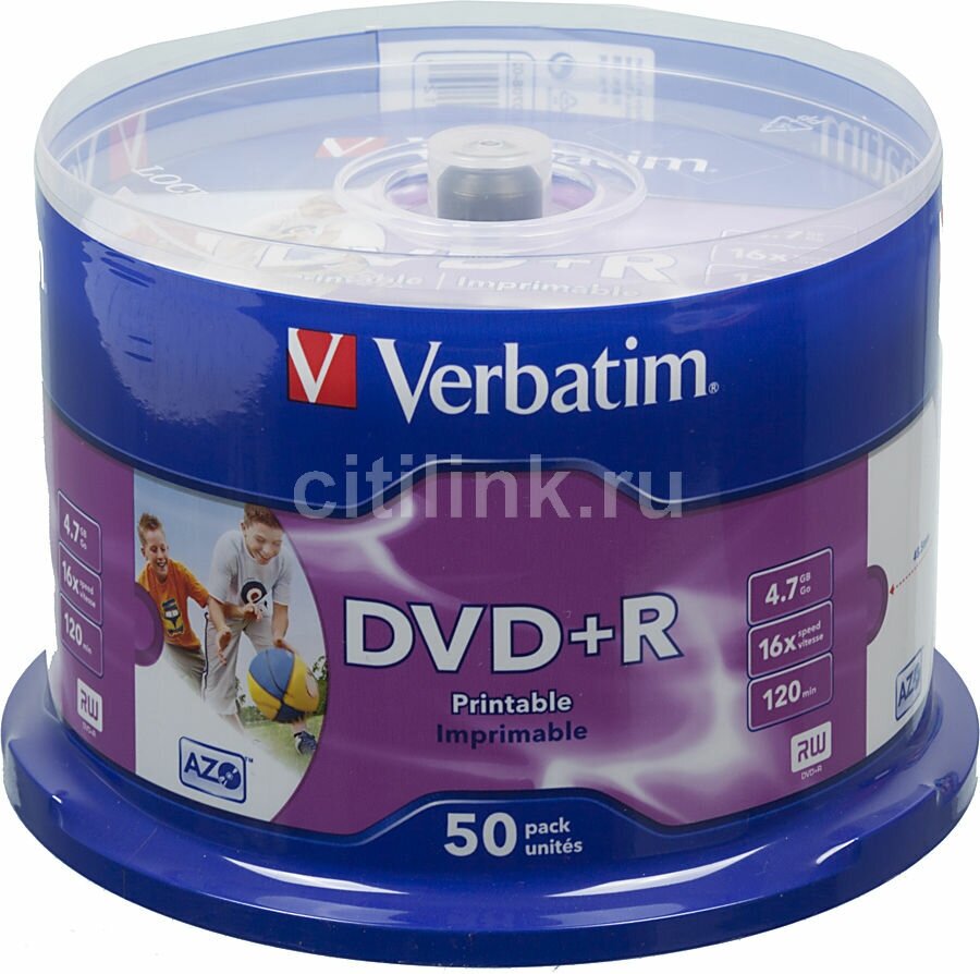 Оптический диск DVD+R VERBATIM 4.7Гб 16x, 50шт, cake box, printable [43512]