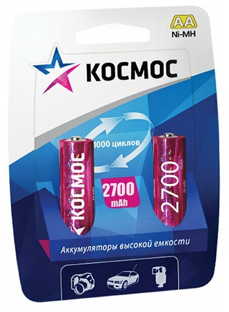 Аккумулятор R6 (AA) Ni-Mh 2700MAhКОСМОС | код KOCR6NIMH2700MAH2BL | Космос (5шт. в упак.)