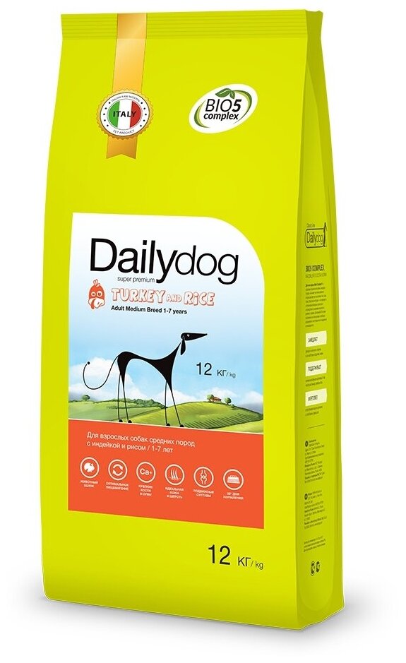 Dailydog Adult Medium Breed Turkey and Rice - Сухой корм для взрослых собак средних пород, с Индейкой и Рисом (12 кг)