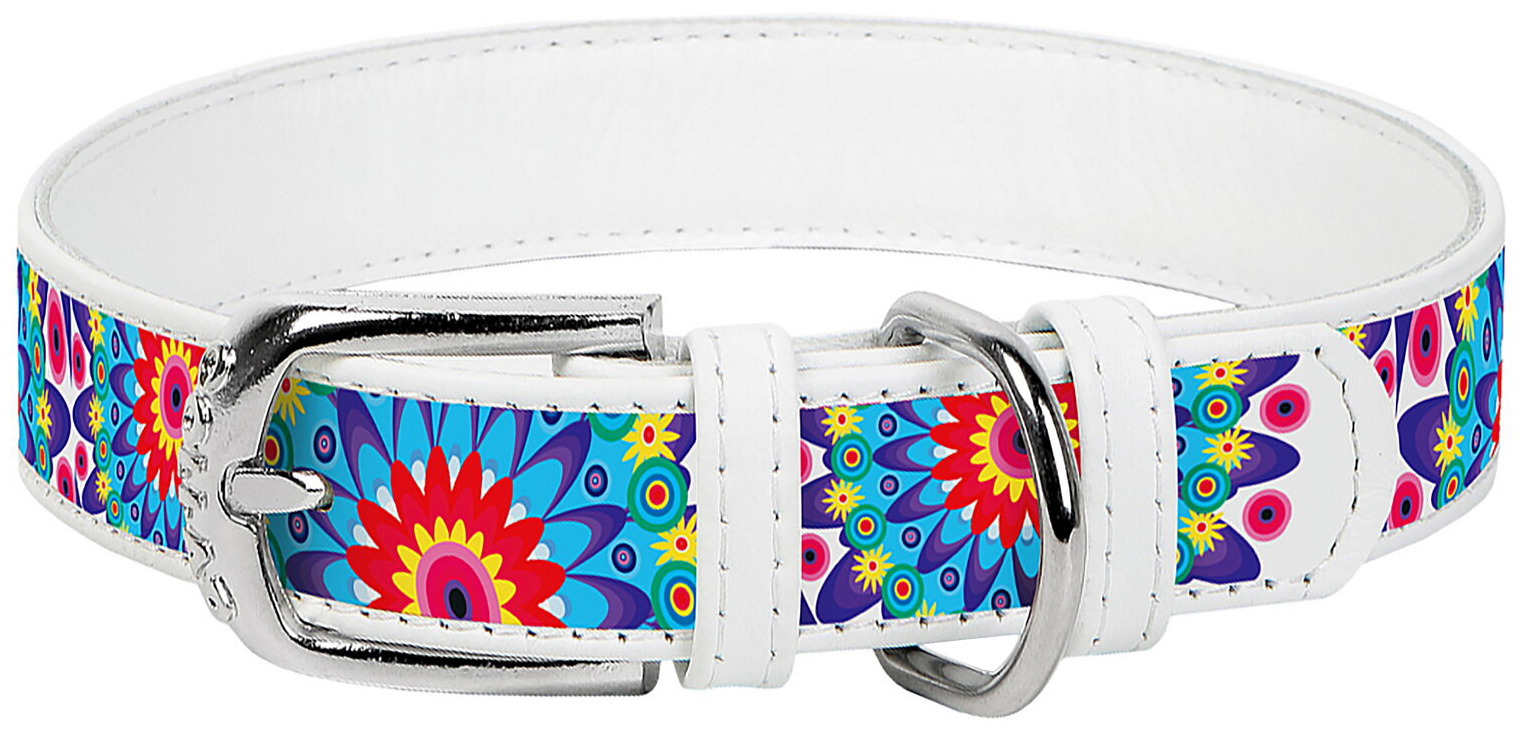 Collar ошейник кожаный Waudog Design "Цветы" (ширина 15 мм., длина 27 - 36 см., Белый) - фото №1