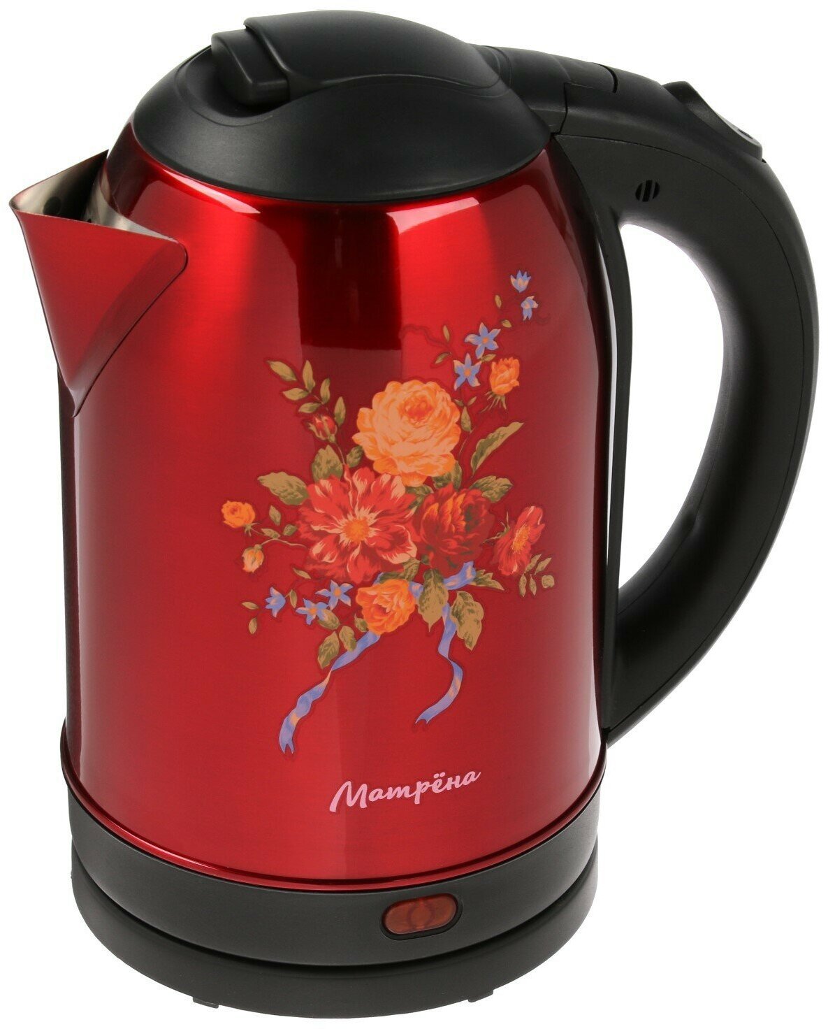 Чайник электрический MA-005, металл, 2 л, 1500 Вт, красный с рисунком "Хохлома"