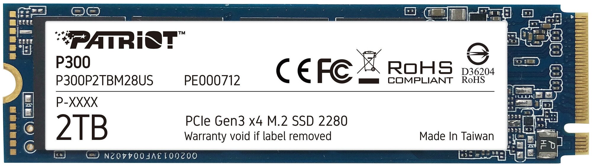 SSD M.2 Patriot 2.0Tb P300 (PCI-E 3.0 x4, up to 2100/1650MBs, 290000 IOPs, 3D TLC, SMI2263XT, TBW 320Tb, 22х80mm)