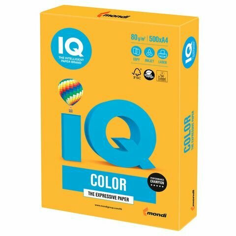 Бумага цветная IQ color, А4, 80 г/м2, 500 л, неон, оранжевая, NEOOR