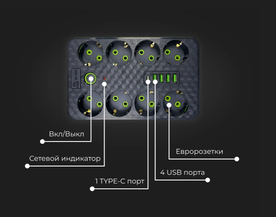 Сетевой фильтр SUPERNOWA с 8 розетками 4 USB + 1 Type-C / Многофункциональный удлинитель с предохранителем