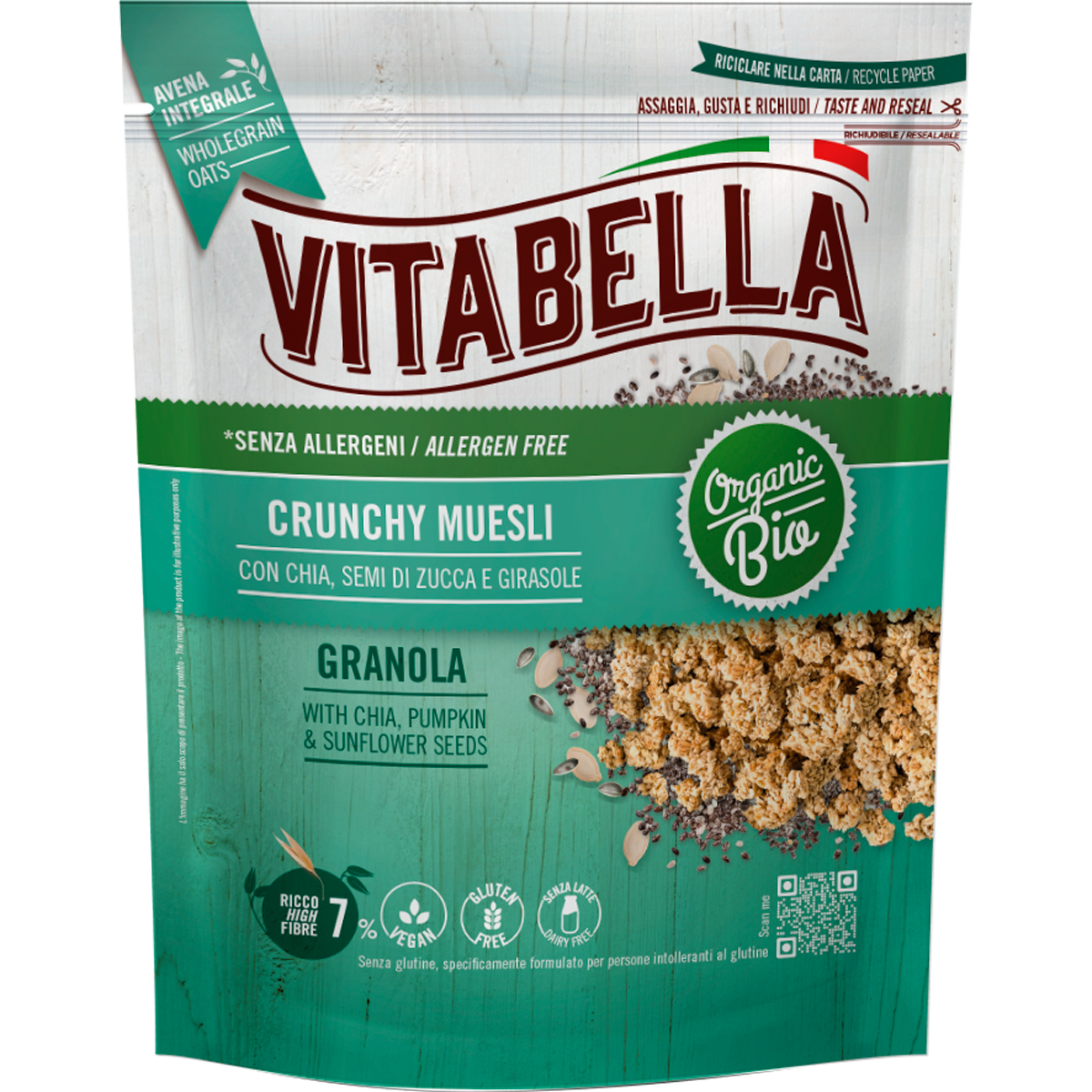 Органическая Гранола Vitabella Crunchy Granola, смесь хрустящих хлопьев с семечками чиа, подсолнечника и тыквы, без глютена и без аллергенов, только натуральные ингредиенты, веган